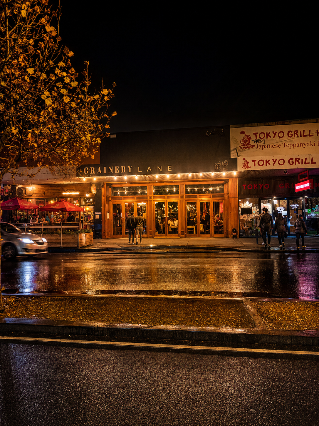 Grainery Lane restaurant exterior at night in Ballarat