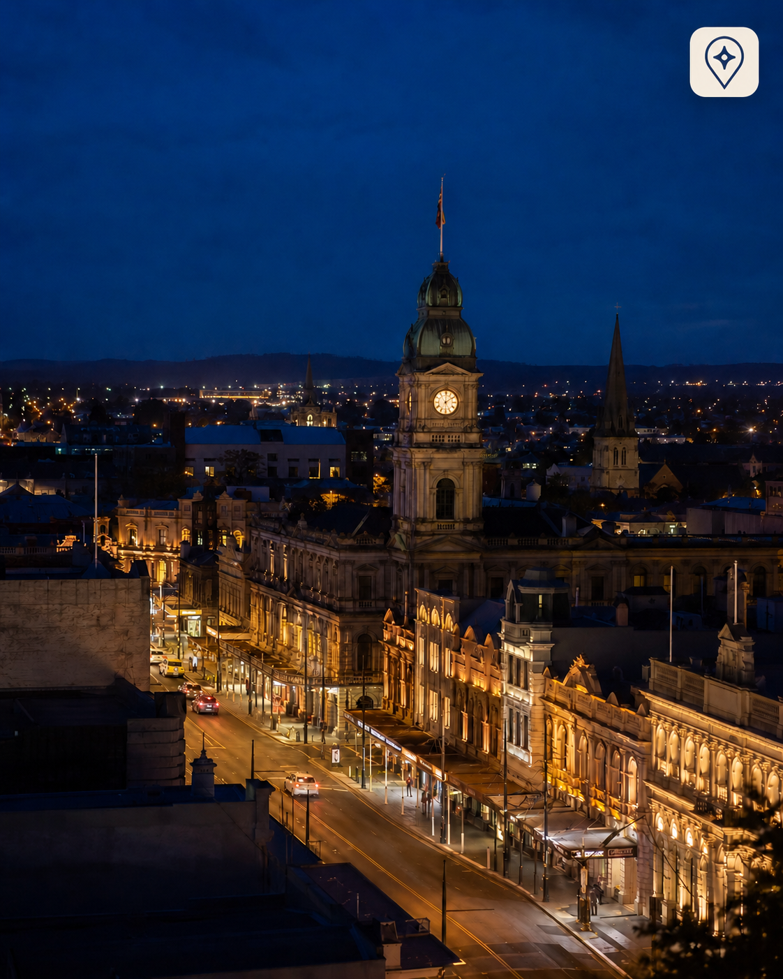 Ballarat city centre lit up at night
