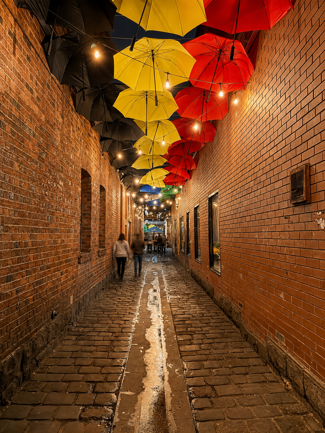Colourful umbrellas strung above a cobblestone Ballarat laneway at night